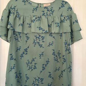 LOFT Floral Green Blue Ruffle Short Sleeve Blouse Round Neck Petites LP